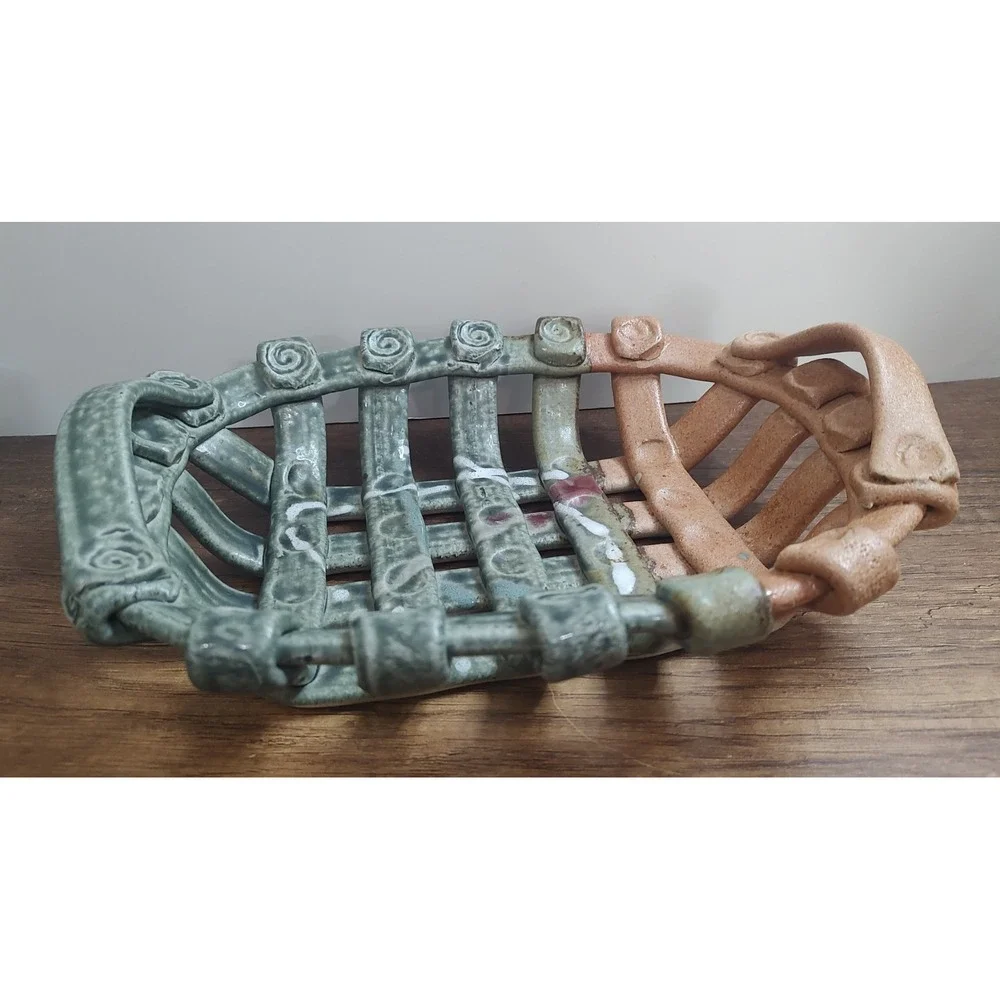 Ceramic Pottery Open Weave Lattice Basket 12x9